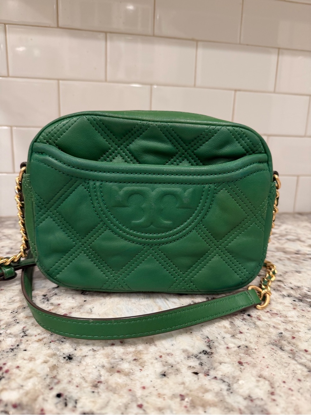 Tory Burch Green Quilted Leather Crossbody Bag with Chain Strap